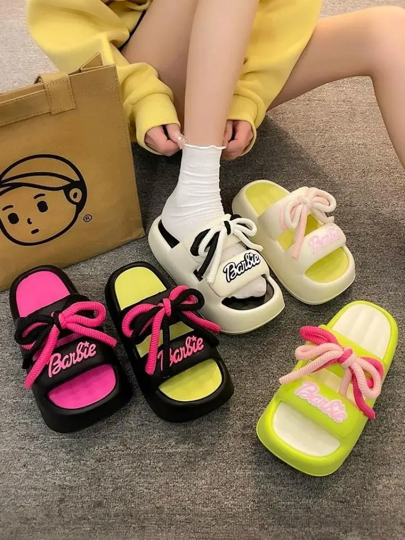 2024 New Miniso Barbie Summer Slippers Cute Anti-Slip Increase Height Women\'s Sandals Beach Shoes Comfortable Outdoor Flip Flops