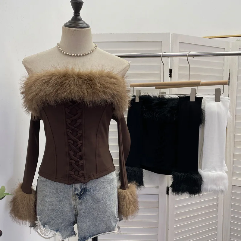 With Sleeves Fluffy Splicing with Chest Pads Straps Decorative Tube Top Short Slim Strapless Top Women
