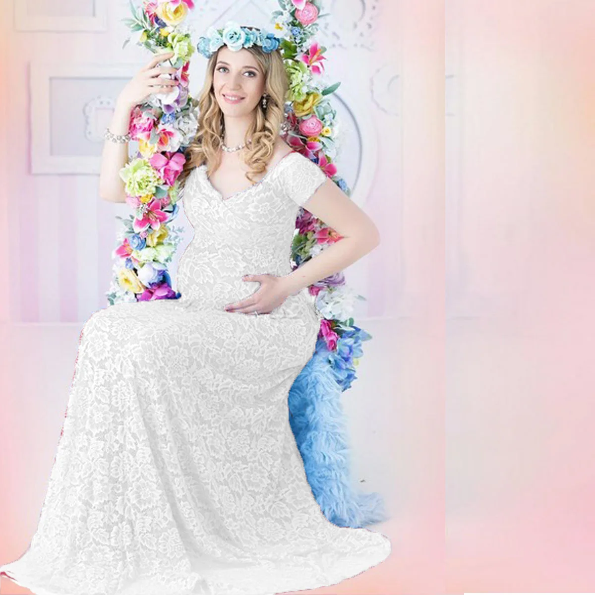 European American Maternity Wear Lace Train Short Sleeve Maxi Dress Photoshoot Flutter Sleeve Dress Youth Pregnancy Photography