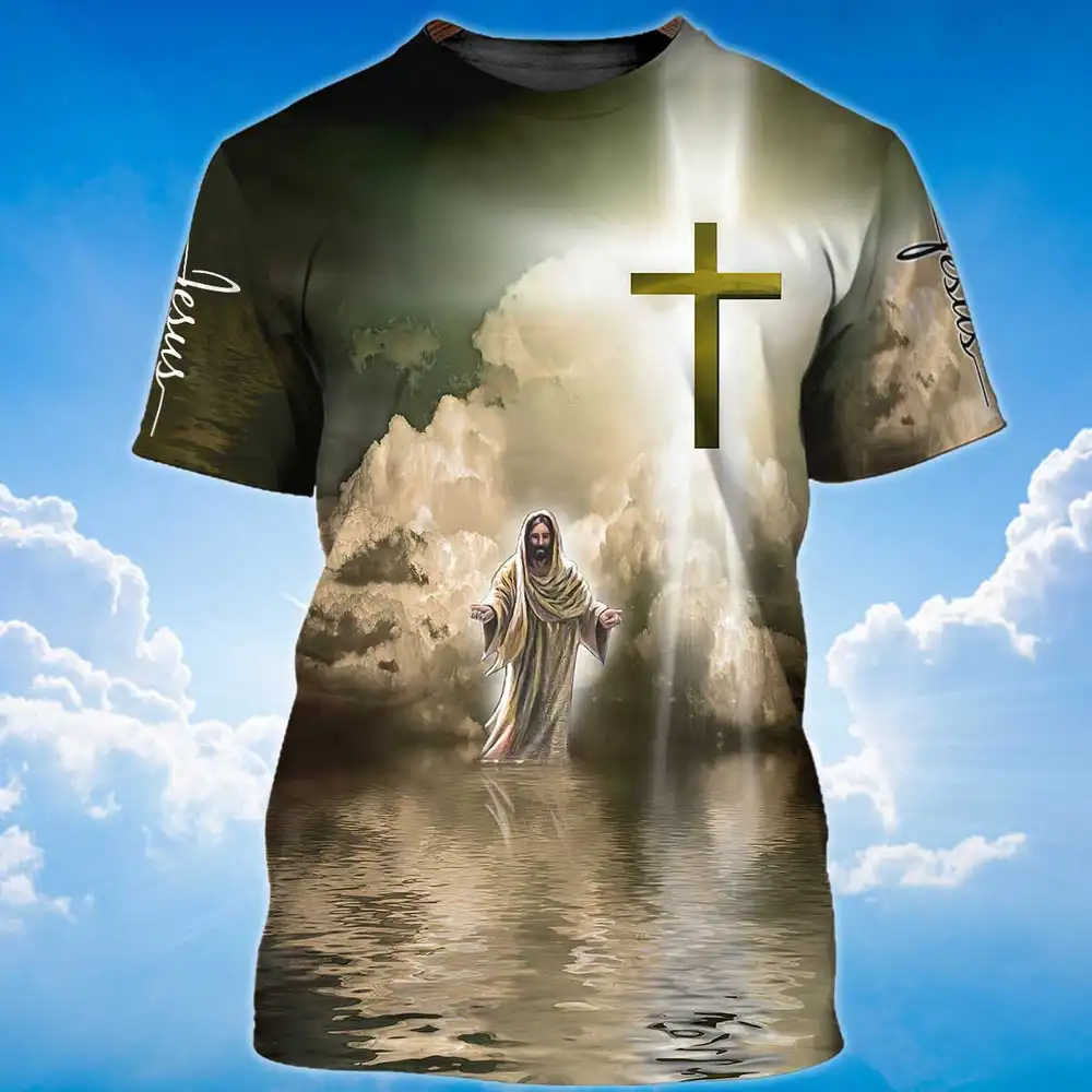 Fashion 3D Jesus Cross Print T Shirt For Men Christianity God Pattern Oversized T-shirts Casual O-neck Short Sleeve Hip Hop Tops