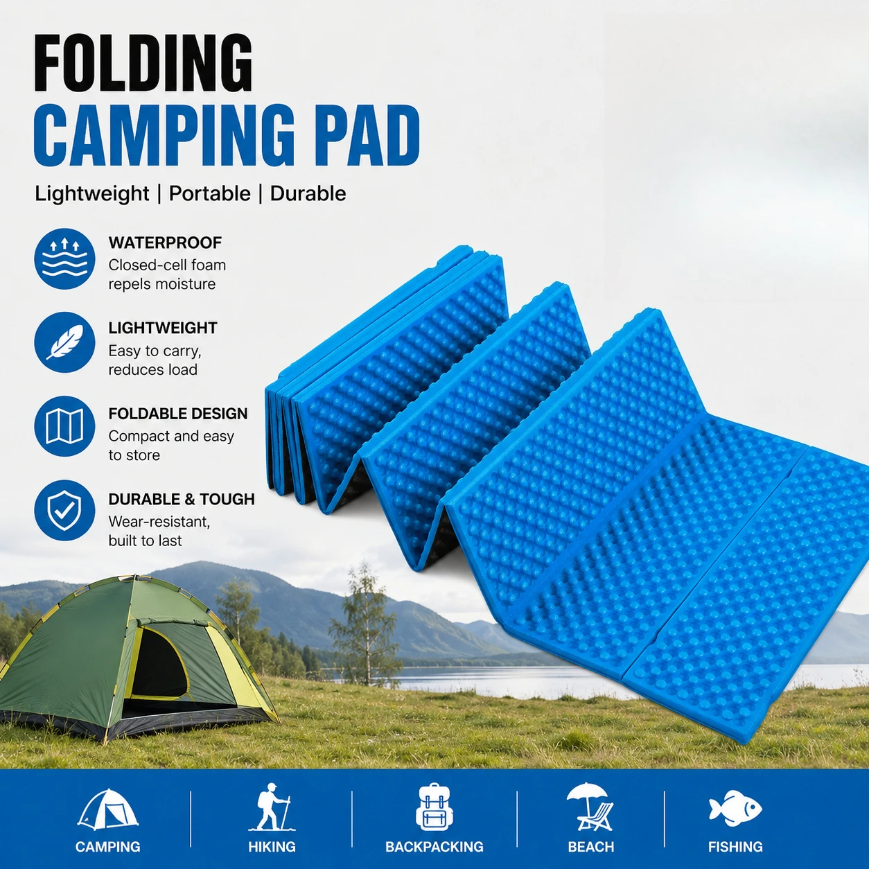 Matelas de camping pliable ultraléger, imperméable, pour voyages en plein air, randonnée, pique-nique, etc.