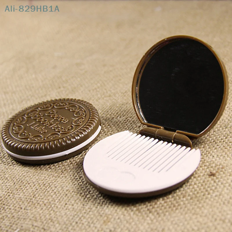 Espejo de maquillaje con diseño de Chocolate Oreo para mujer, 1 piezas, herramienta de maquillaje plegable con forma de galleta de Chocolate, 1 Juego de Peine