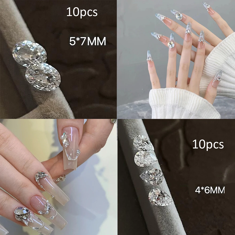 

20PCS Clear Crystal Nail Art Rhinestones 10pcs 5x7mm Oval Shape 4x6mm Waterdrop Glass Nail Zircons DIY Dazalling Nail Gemstones