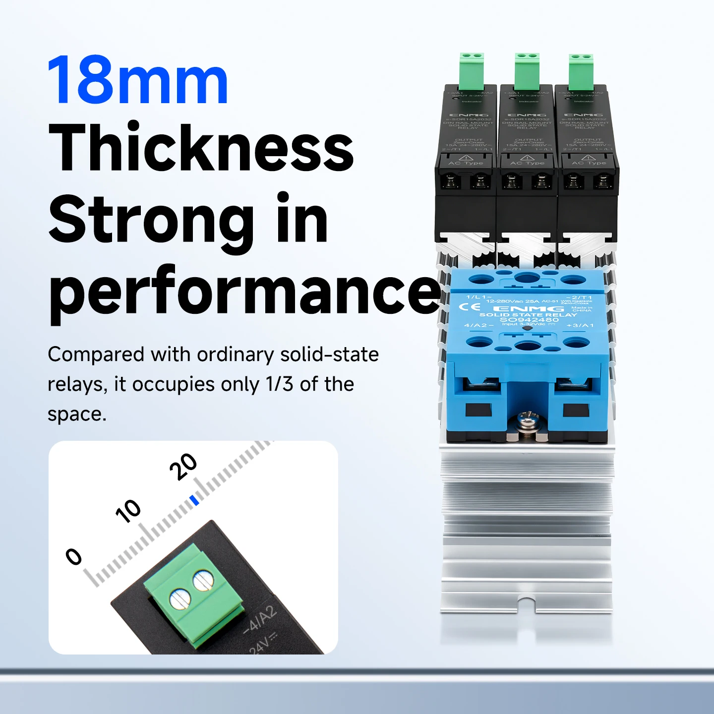 ENMG 18mm Ultra-Thin Single-Phase Solid State Relay 5-24VDC DC Control AC with Integrated Heat Dissipation for Electronics