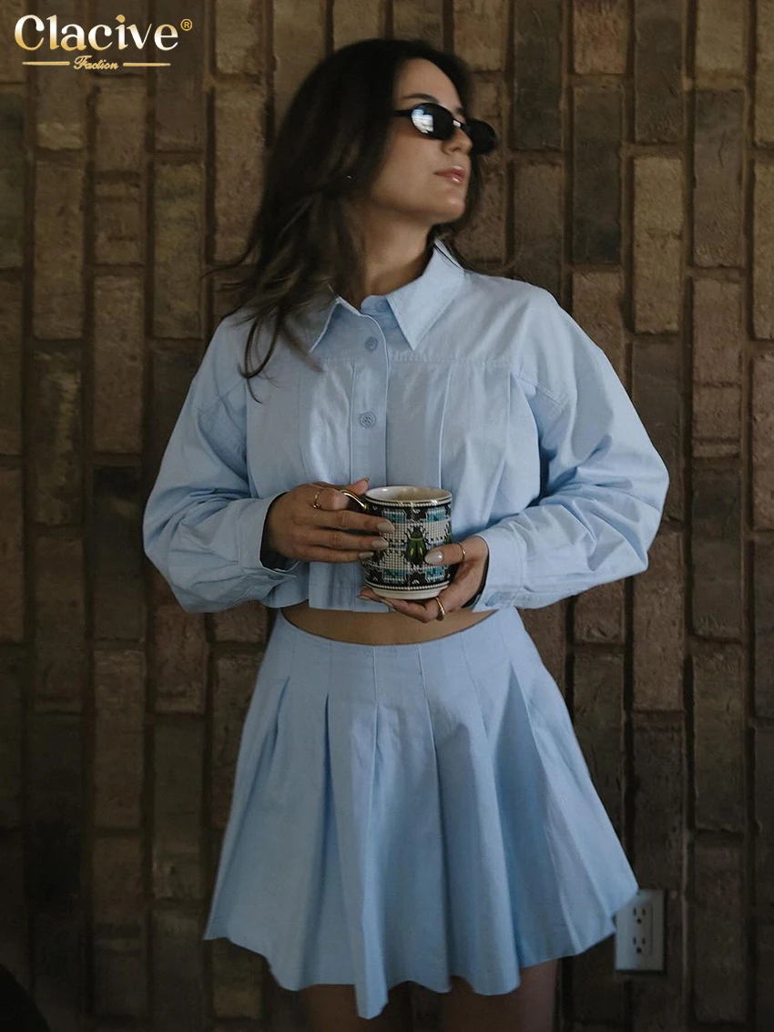 ClacMarkets-Ensemble deux pièces en coton bleu pour femme, chemise courte à manches longues, mini jupe plissée taille haute, mode élégante