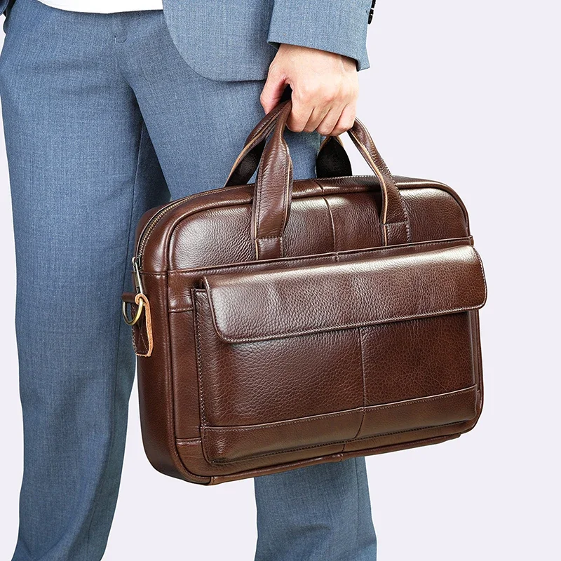 Luxury Briefcase Top Layer Cowhide Genuine Leather Men's Office Vintage Business High Quality Shoulder 15.6 Inch Laptop Bag