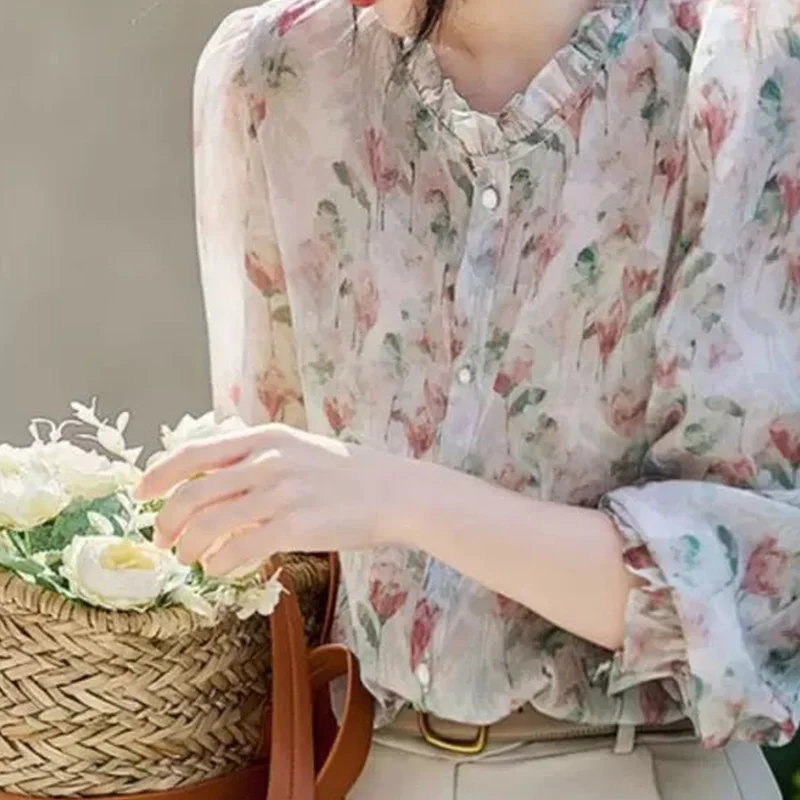 2024 New Summer Oversized Bohemian Retro Korean Style Women\'s Shirt Print Loose Button Lace O Neck Long Sleeve Y2K Chic Tops