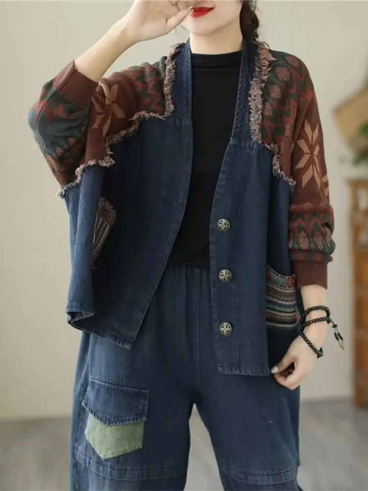 Max LuLu 2022 Autumn Womens Fashion Loose Knitted Patchwork Denim Jackets Ladies Printed Vintage Leisure Coats Punk Streetwear