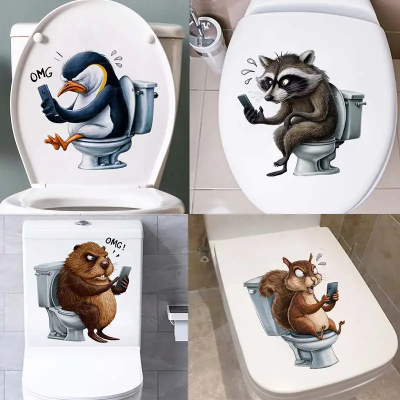 

Squirrels Penguins and Raccoons in The Toilet Sit on The Toilet Lid-Toilet Cover Sticker Wall Sticker Home BathRoom Decoration