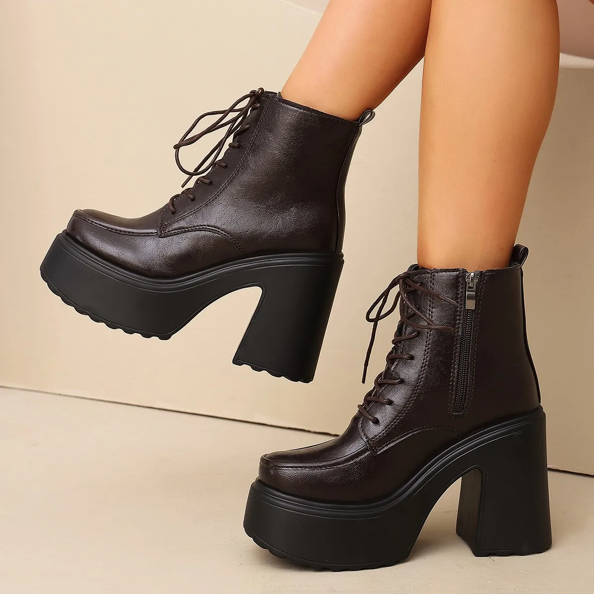 Autumn Booties Round Toe Front Lace-Up Side Zipper Platform Anti-Slip Wear-Resistant Heels