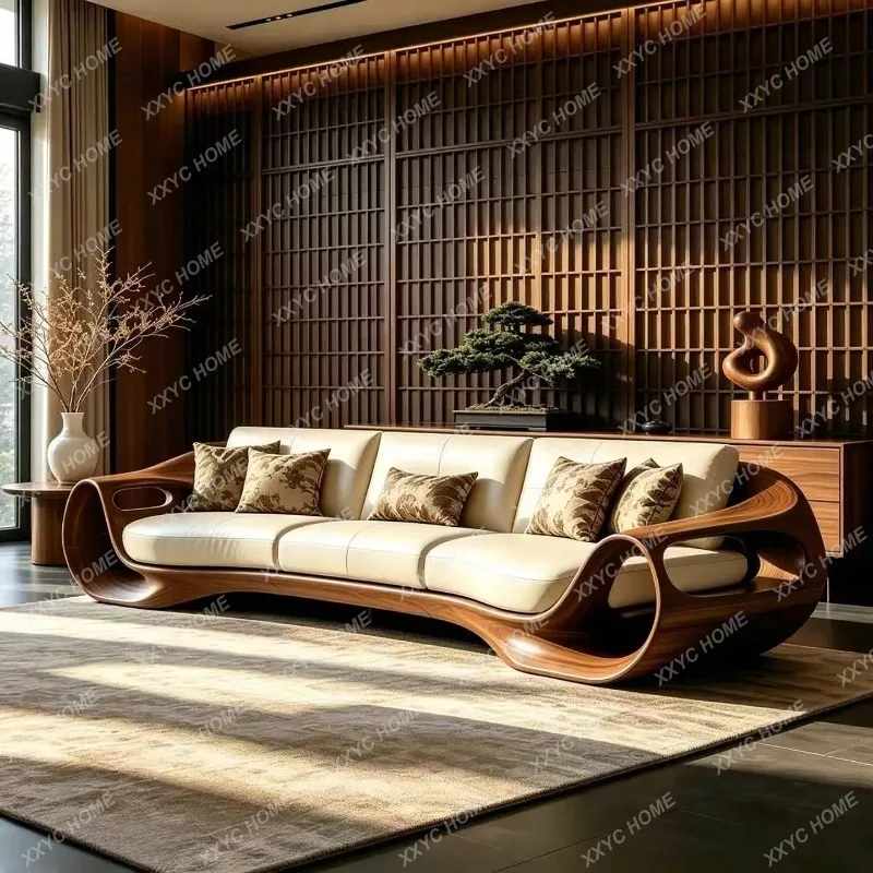 XX  new Chinese-style black walnut sofa living room special-shaped home modern simple solid wood leather