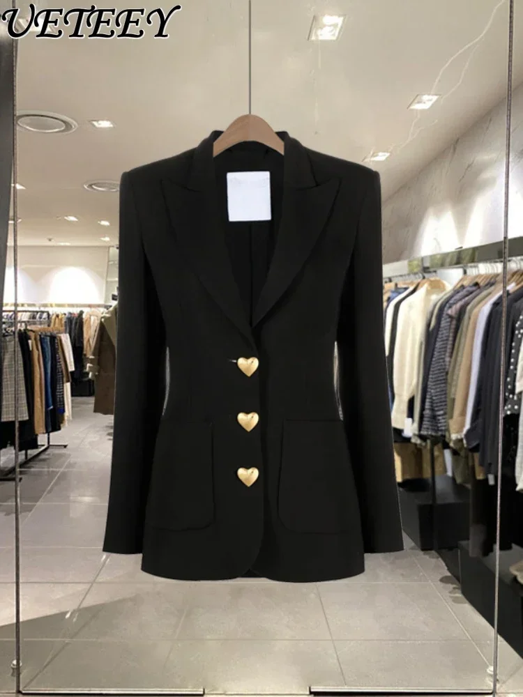 Spring 2024 New Love Single-Breasted Slim Waist Black Small Suit Jacket Women Temperament Commuter Slim Fit Suit Blazer Jacket