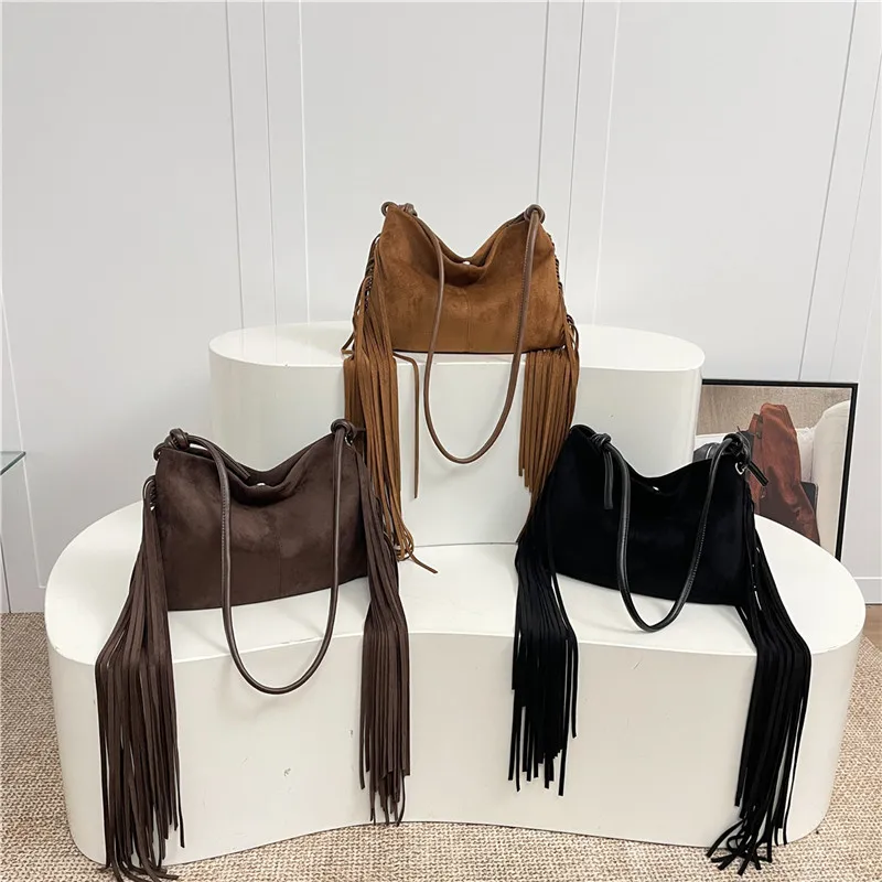 العصرية طويلة شرابة حقيبة كتف المرأة خمر الجلد المدبوغ حقيبة يد ومحفظة الإناث عالية السعة Crossbody حمل حقيبة ريترو كيس الرئيسي #3