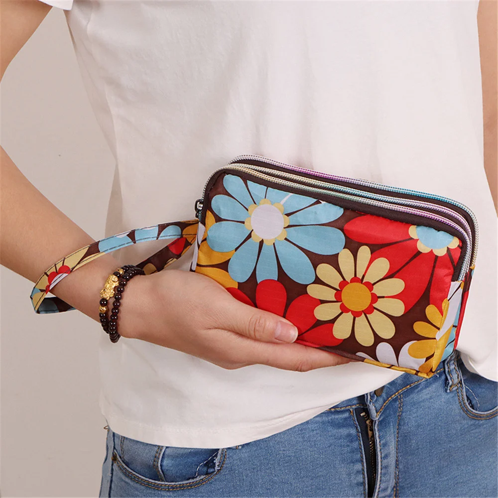 3 Zipper Women Waterproof Purse Cell Pouch Handbag Wallet Wristlet Bag Women\'S Fabric Coin Purse Bag Mobile Wallet Clutch Bag