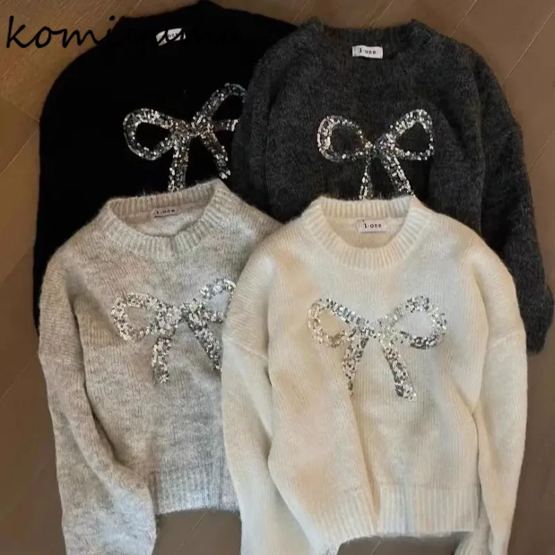 

Korean Fashion Sequined Bow Sweater Woman 2025 Outerwears Knitted Pullovers Casual Loose Ropa Mujer Autumn Winter Clothes