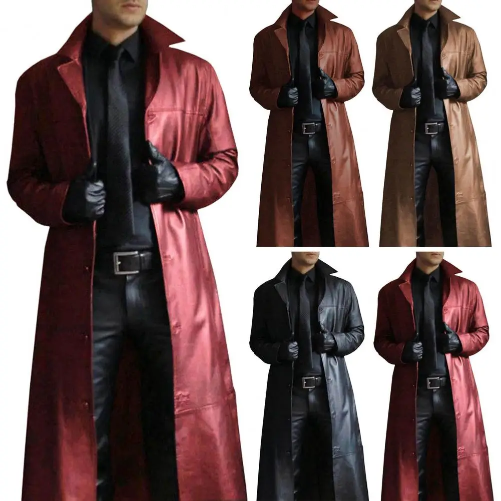 

Fashion New Men's PU Leather Trench Coat Long Jacket Spring Fall Winter Detective Cosplay Costume Gothic Moto Biker Punk Outwear