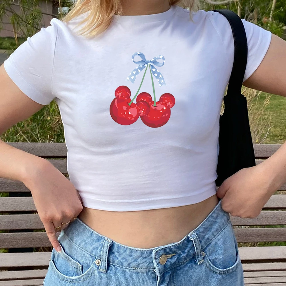 4th of July Cherry Mouse Coquette Baby Tee Bow Women’s Y2K 90s Shirt Princess Aesthetic Top Trendy Women's Fitted Tee