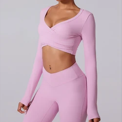 Alpha Women's Yoga Long Sleeve Fleece Crossover Crop Top for Workout Wrap Tops Deep V Neck Slim Fit Casual Shirts