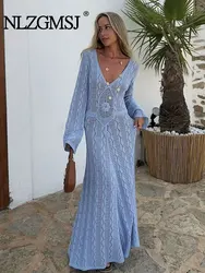 TRAF Elegant Knitted Beach Maxi Dress Women Blue V-neck Long Sleeves See Through Female Dresses Lady Holiday Flower Dress