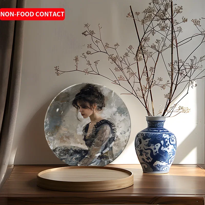 1pc Elegant Women in Black Dress Sitting Art Ceramic Decorative Plate - Non-Food Contact Hand-Painted Round Wall Decor for