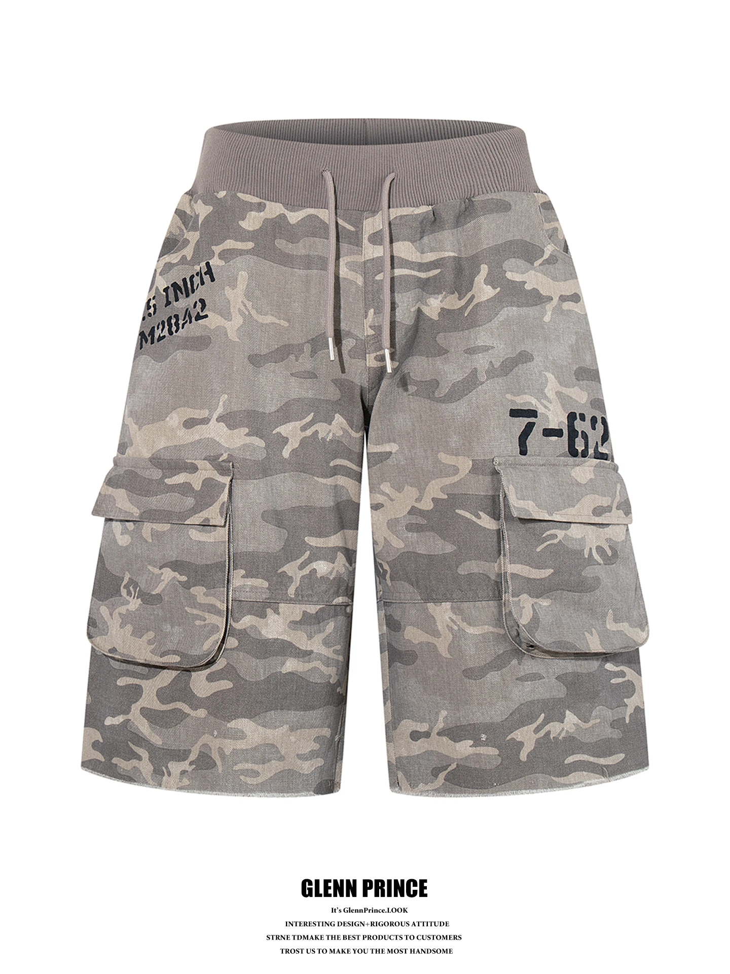 American Street Style Camouflage Workwear Shorts for Men Pure Cotton Loose BF Retro Wide Leg Pants with Tassel Six Inch Length