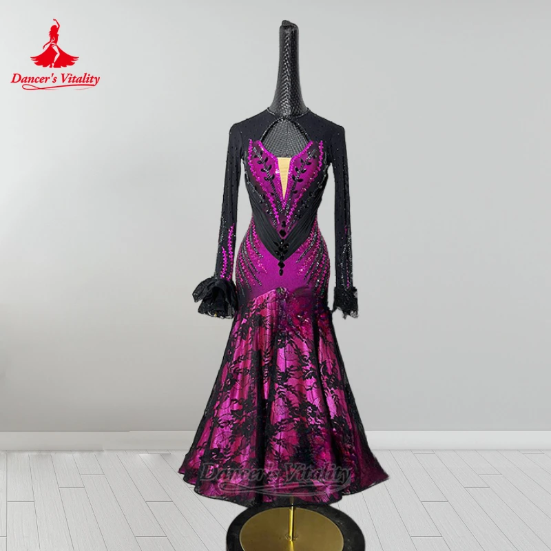 

Детская стандартная бальная одежда с черным кружевным узором, фиолетово-красная танцевальная одежда на заказ для взрослых и женщин, платье для вальса с завернутыми бедрами, жизненное количество танцоров