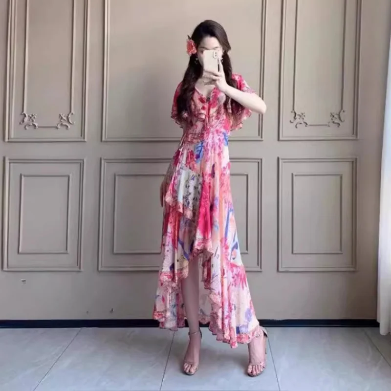 

2024Summer New Romantic Silk Printed Rhinestones Holiday Fairy Dress Goddess Sexy Waist Trimming Dress