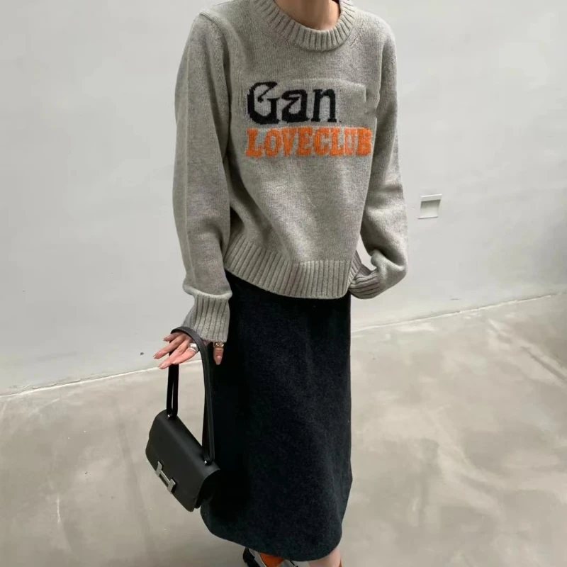 New Trendy Letter Print Gray Round Neck Loose Wool Blend Long Sleeved Tee For Women In Autumn And Winter