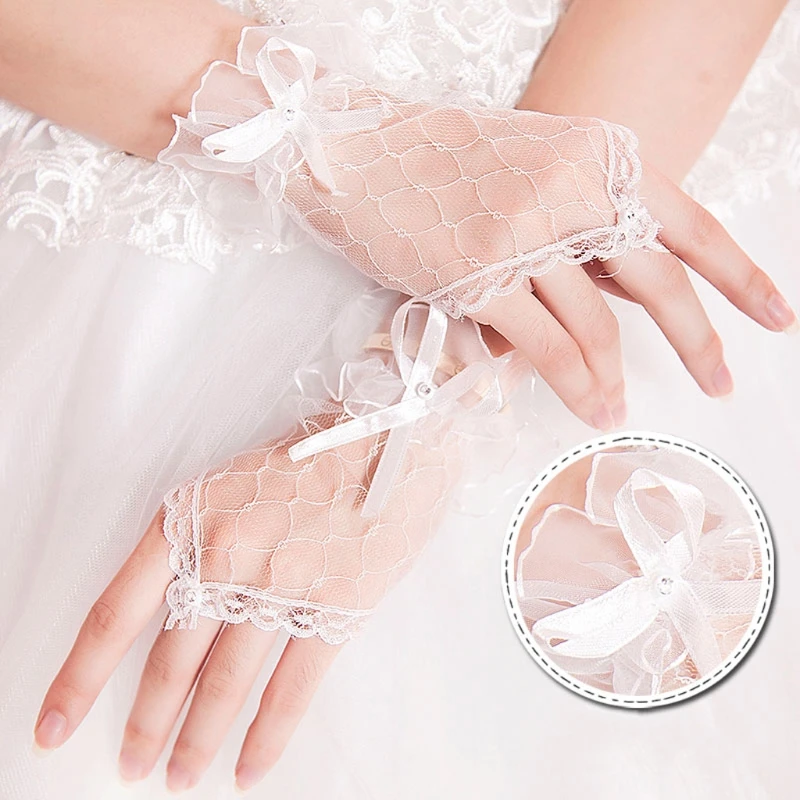 ZB91 Women Short Lace Fingerless Gloves Bridal Wrist Bowknot White Mittens Opera Evening Wedding Tea Party Cosplay Mittens