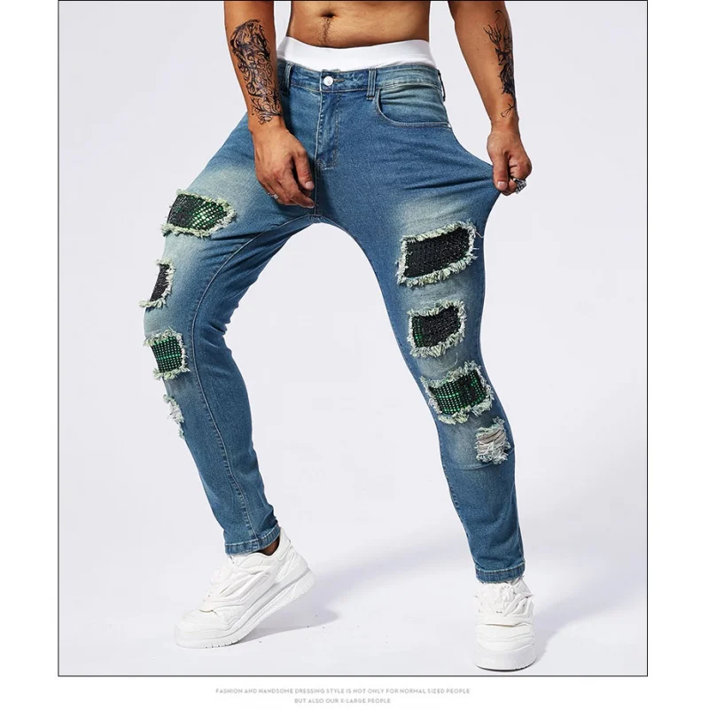 

Handsome muscular jeans with men's torn patches and rhinestones design fashionable street elastic slim fit tight pant