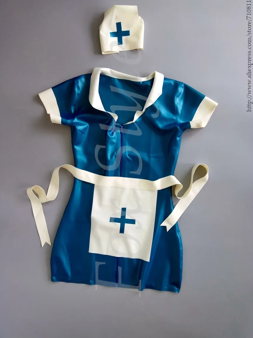 Latex Rubber Night Nurse Dress, Cap & Apron rubber latex uniform