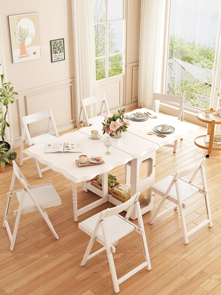 Small apartment white folding dining table cream style household retractable dining table modern simple multi-functional