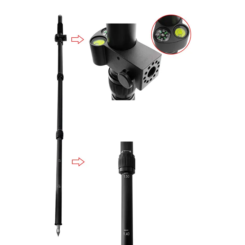 150CM Telescopic Portable Centering Pole With  Is Suitable For RTK/GPS GNSS Surveying Rod WITH CLAMP With Compass  Level Bubble