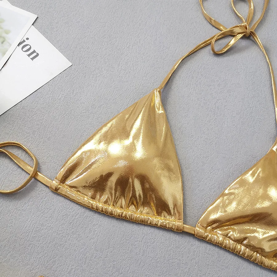Gold Shiny Halter String Thong Micro Bikinis Sets Sexy Swimsuits Cover Ups Women Holiday Swimwear Bather Beach Wear Bikini 2025