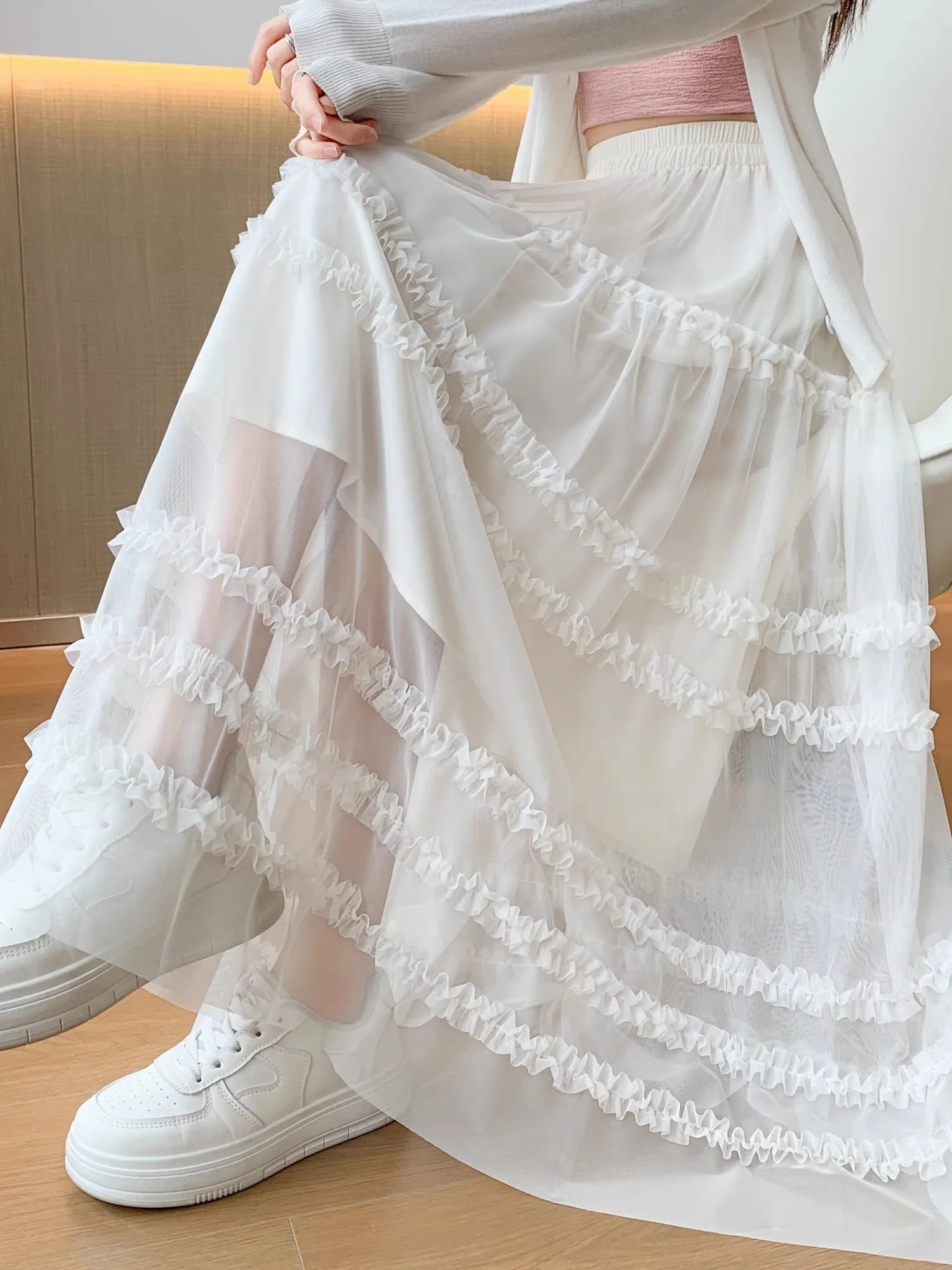 

Белая кружевная пышная юбка А-силуэта для женщин, весна-лето, с высокой талией, эластичная, универсальная, средней длины, с деревянной отделкой