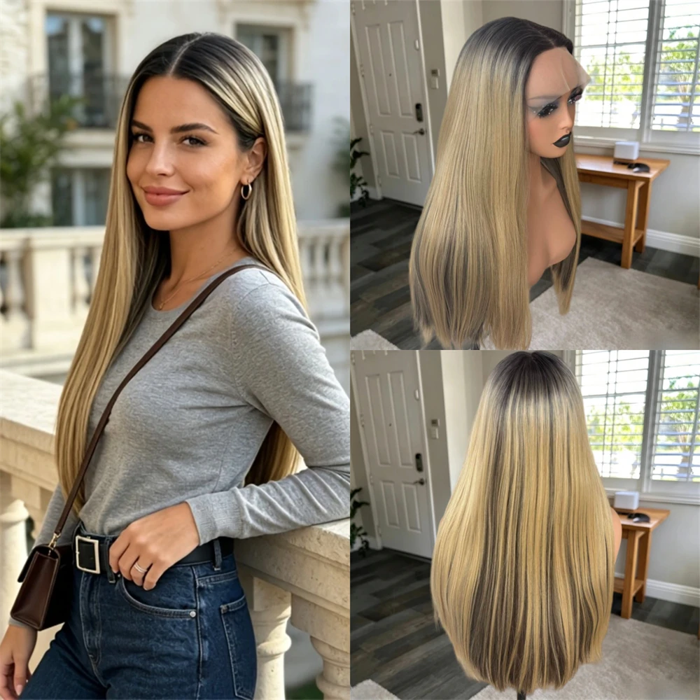 Ombre Golden Blonde with Dark Roots Highlights Synthetic Lace Front Wig Original Factory Soft Long Straight Wig Like Human Hair