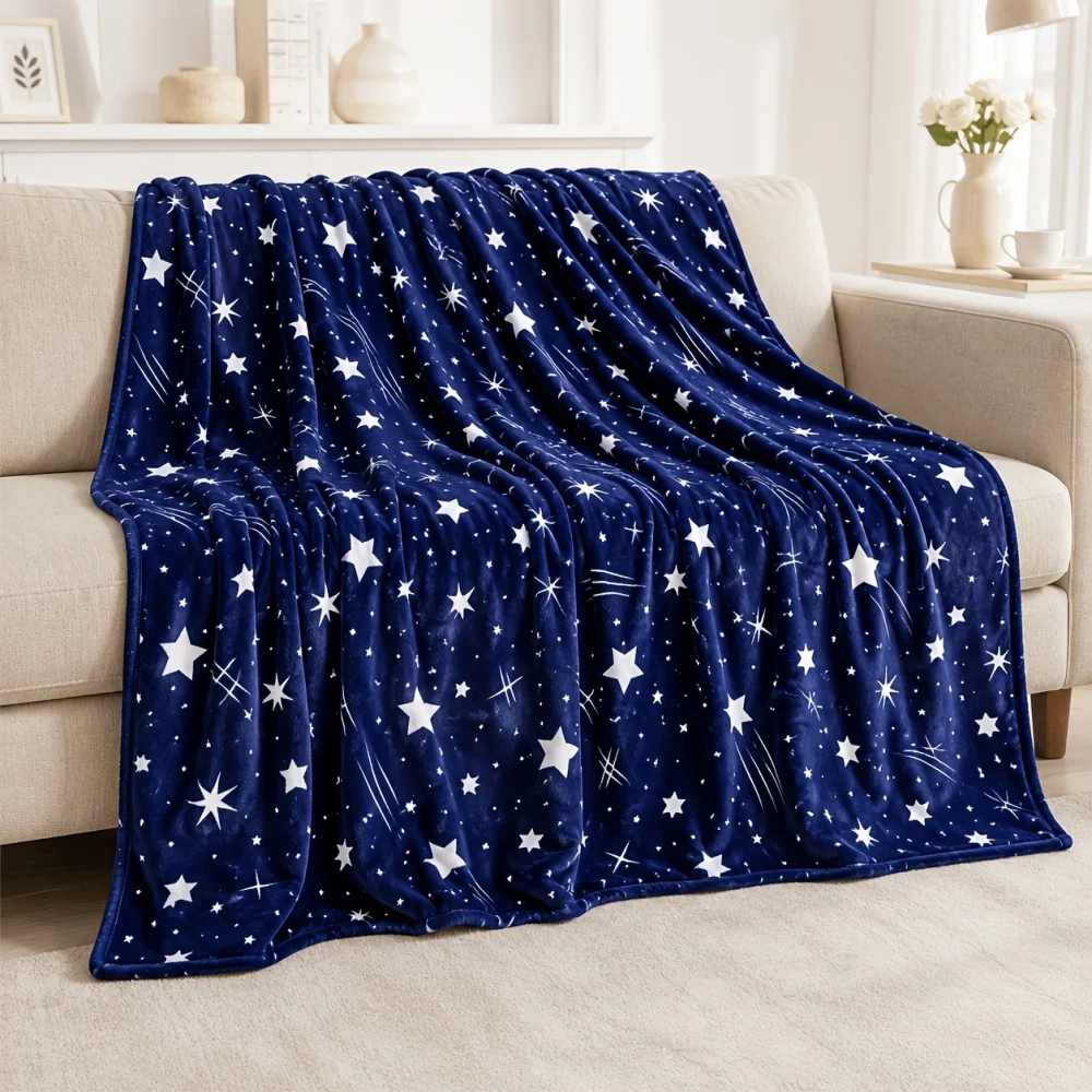 Night Sky Meteor Star Print Flannel Throw Blanket Navy Blue Soft Plush Cover for Couch Versatile All‑season Household Rest