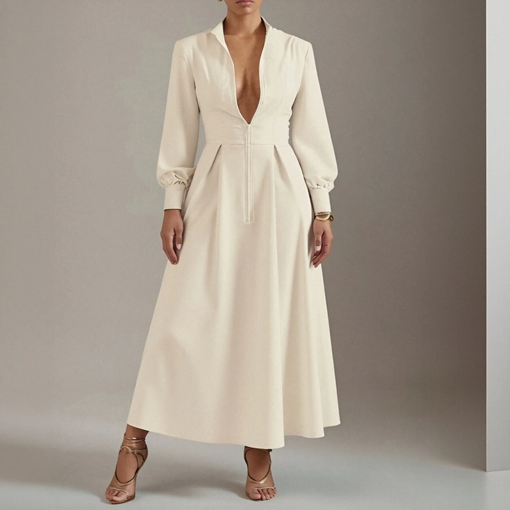 Midi-jurk met lange mouwen en V-hals voor dames Herfst Winter Effen A-lijn Basics Gesmoorde taille Jurk Fatsoenlijke mode