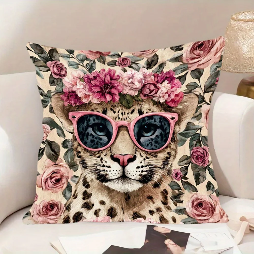 1pc Vintage Floral Leopard Throw Pillow Cover with Pink Sunglasses Flower Crown Cute Wild Cat Cushion Case for Home Decor