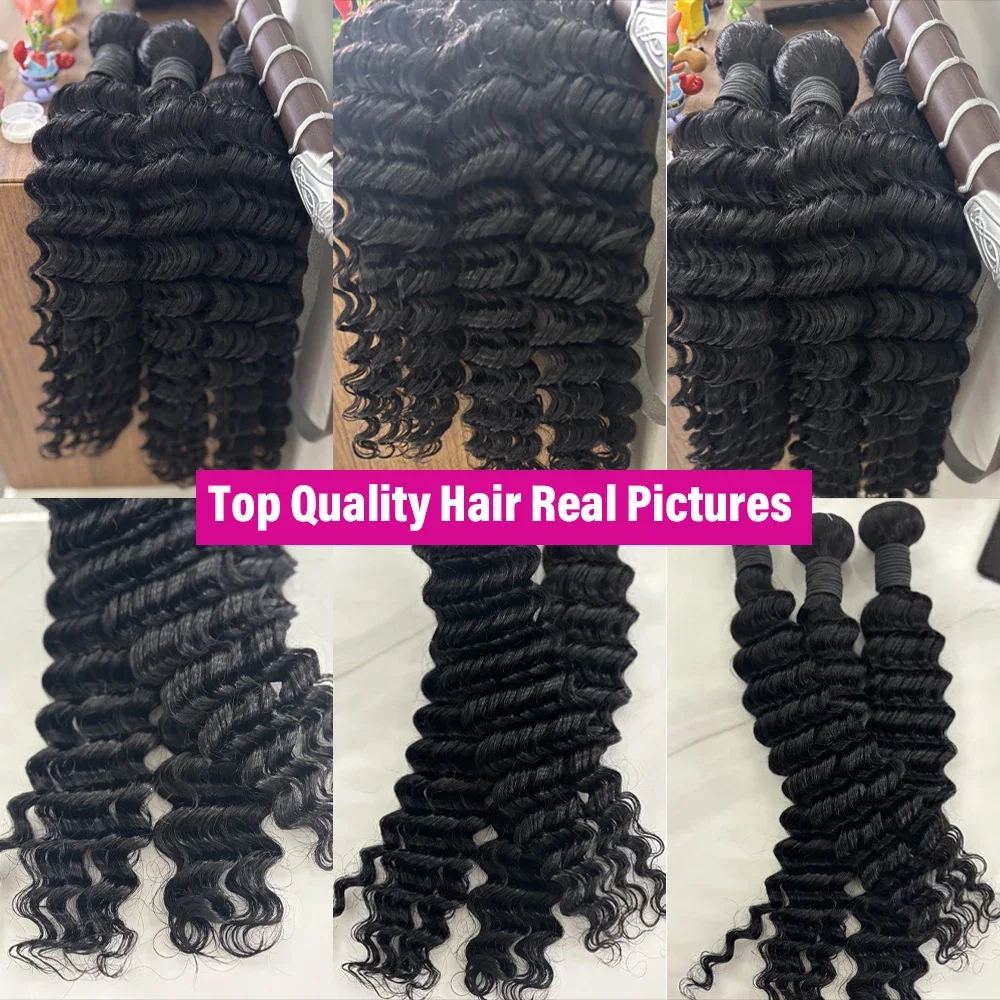 15A Deep Wave Bundles With Closure Brazilian Virgin Human Hair Bundles 1 2 3 4 Extensions Deals for Black Women Natural Color