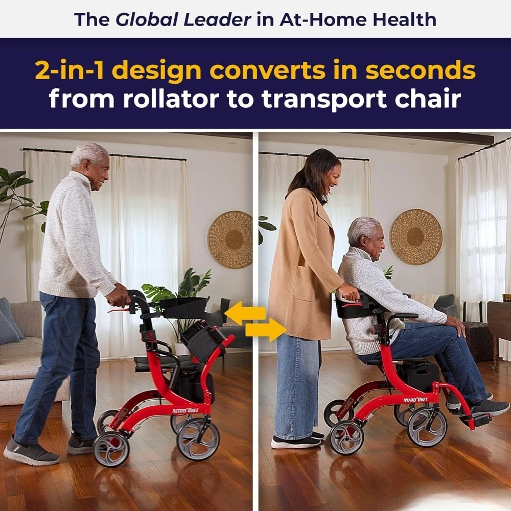 شعبية - مجموعة كراسي متحركة مزدوجة الوظائف ومشاية دوارة مع فرامل يدوية ودعم خلفي، أحمر #2