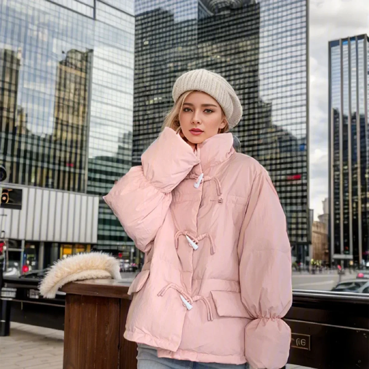 

Women New Large Lapel Pure Color Short Cotton Jacket New Thicken Warm Parkas Coats Female Horn Button Casual Loose Jacket For