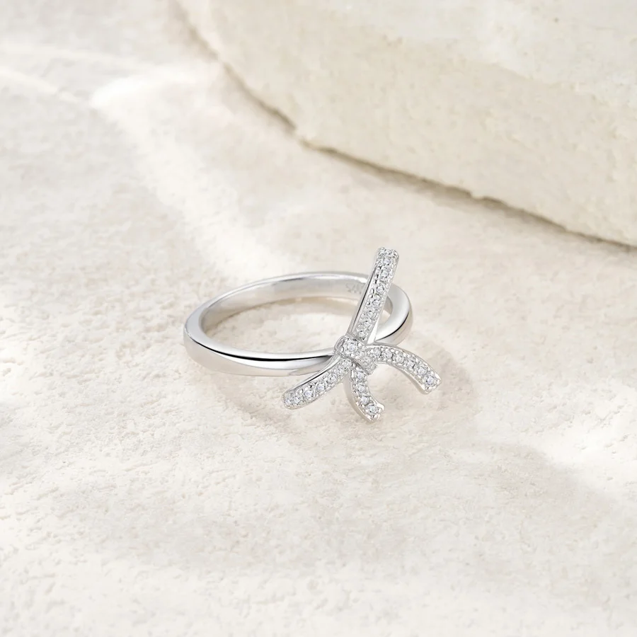 JIUZUAN Bowknot تصميم خاتم S925 الفضة 18K مطلية بالذهب مطعمة الزركون تألق النهاية لارتداء اليومي هدية خاتم مجوهرات أنيق #3