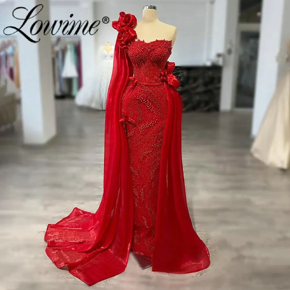 Red One Shoulder Cape Sleeve Prom Dresses 2026 Pearls Beaded Long Mermaid Party Gowns Customized Dubai Vestidos De Cocktail
