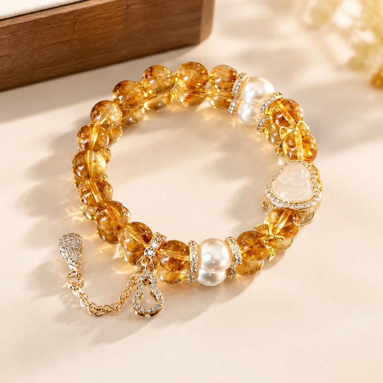 Beaded Bracelet with 13mm Crystal Maitreya Buddha for Women Gift for Friends High End Look Wealth Attracting Yellow Pagoda