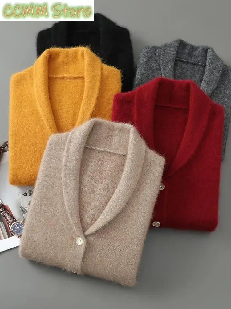 Men Mink Cashmere Knitwear Cardigan Turn-down Collar Sweater Autumn Winter Smart Casual Thick Long Sleeve Pockets Soft Tops