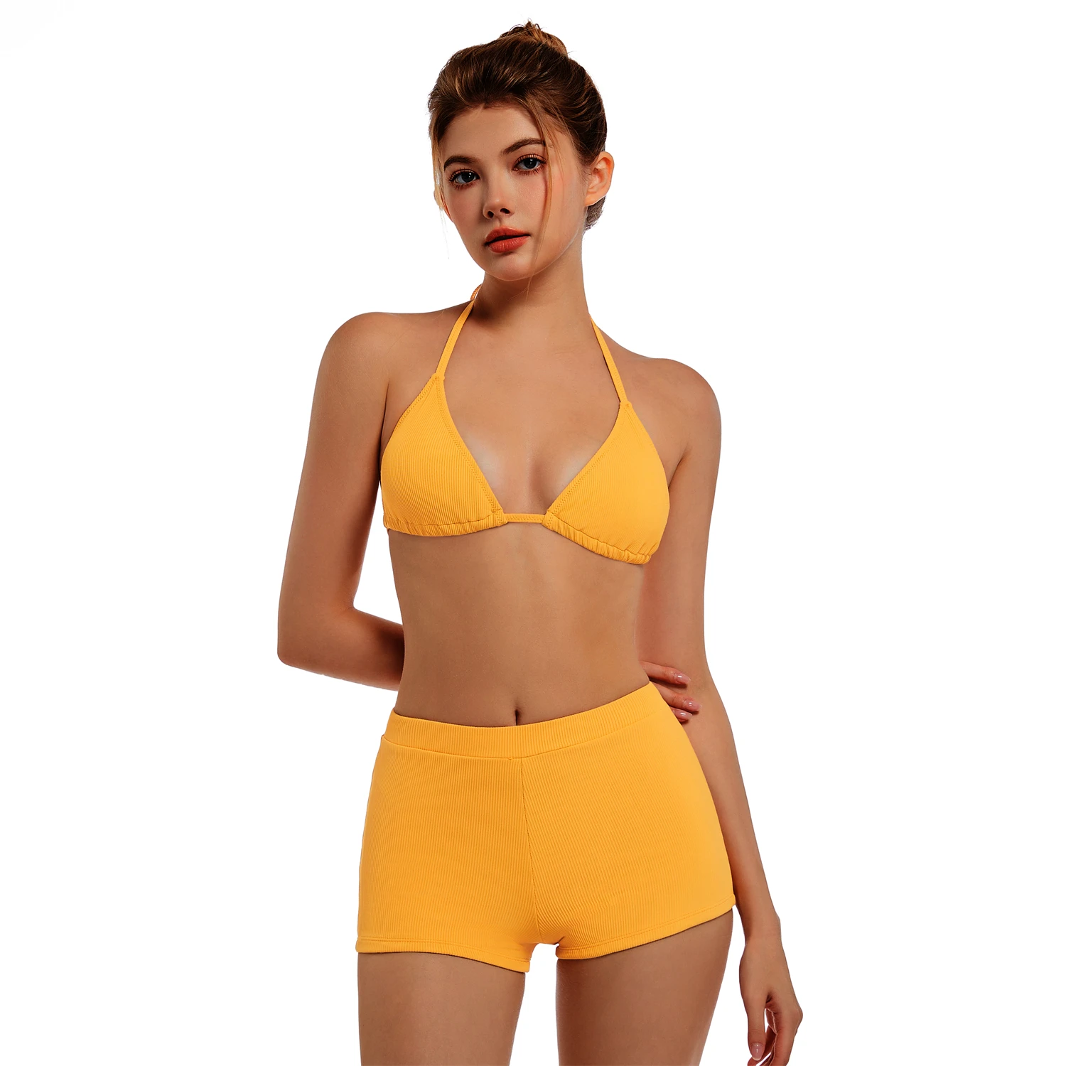 EONAR-Conjunto de Bikini triangular para mujer, traje de baño plisado con patrón en V, Sexy Bikini con costuras, Top y parte inferior, 2024