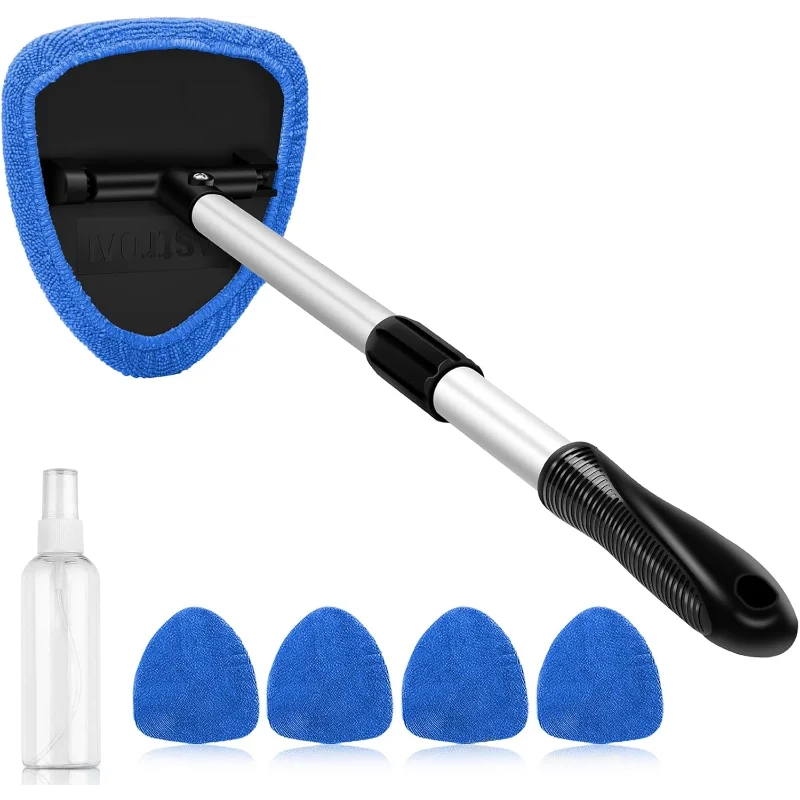 

Windshield Cleaner Tool Car Interior Detailing with Extendable Handle and 4 Reusable Microfiber Pads Auto Glass Wiper Brush Kit