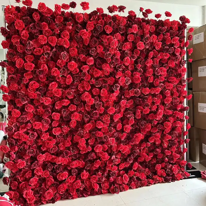 Luxury 3D Red series Cloth Flower Wall Artificial Rose Fabric Floral Wall Outdoor Party Wedding Backdrop Decor Window Display