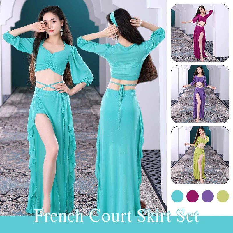 

Female Elegant Belly Dance Suit Court Style Mesh Tops Short Sleeves Split Skirt Set Practice Performance Bellydance Costume